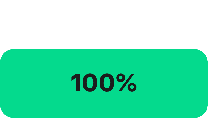 A green rectangle with rounded edges and '100%' written in a Black font in the centre