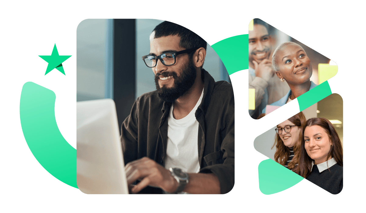 Smiling man using laptop alongside diverse group of professionals, with Trustpilot branding elements in the background.