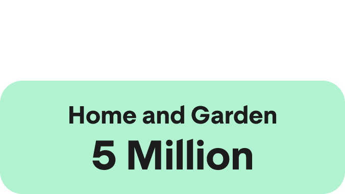 A Green icon showcasing a large Green circle and two smaller ones on the right hand side. The words Home and Garden
4.9 Million are written in the centre.