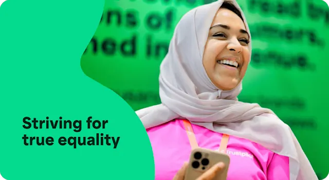 A photo of a woman in a Hijab smiling with an overlay of text that says Striving for true equality